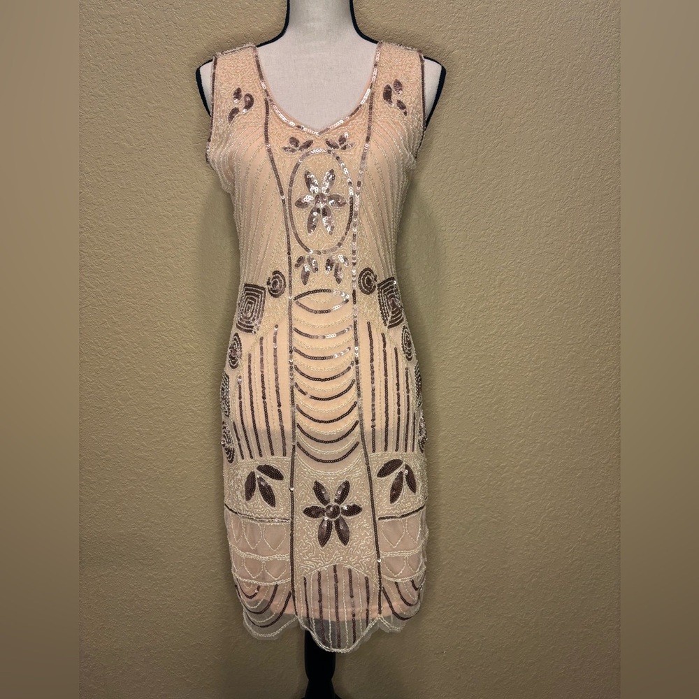 Elegant Cream and Brown Sequin and Bead Embellished Dress